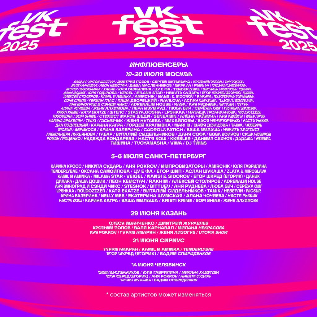 Команда VK Fest 2025 раскрыла имена инфлюенсеров, которые выступят в пяти городах России