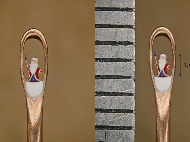 Новосибирский мастер микроминиатюры создал Деда Мороза, помещающегося в игольном ушке