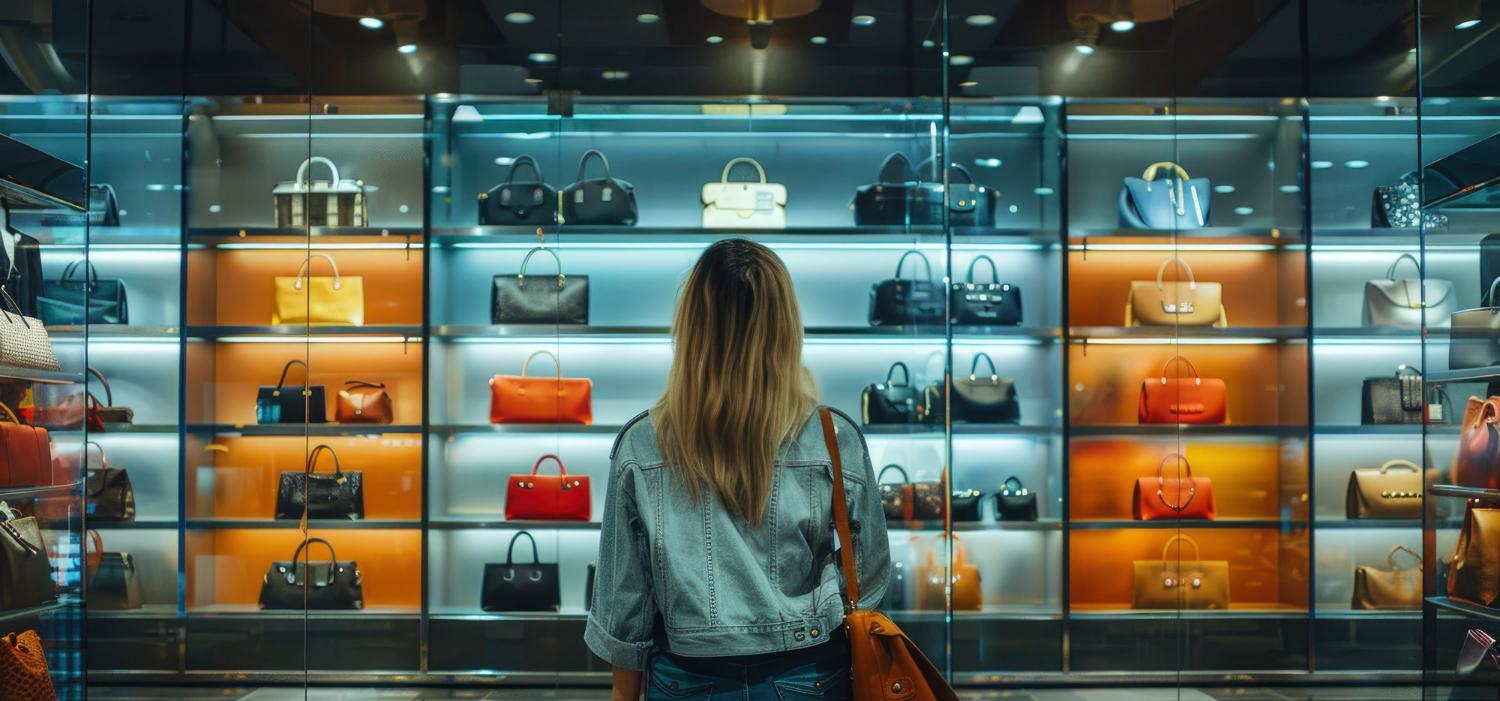 Девушка смотрит на витрину с сумками