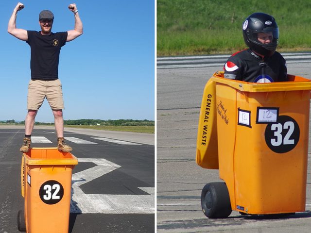 Изобретатель превратил мусорный бак в гоночную машину и проехался на нем с рекордной скоростью