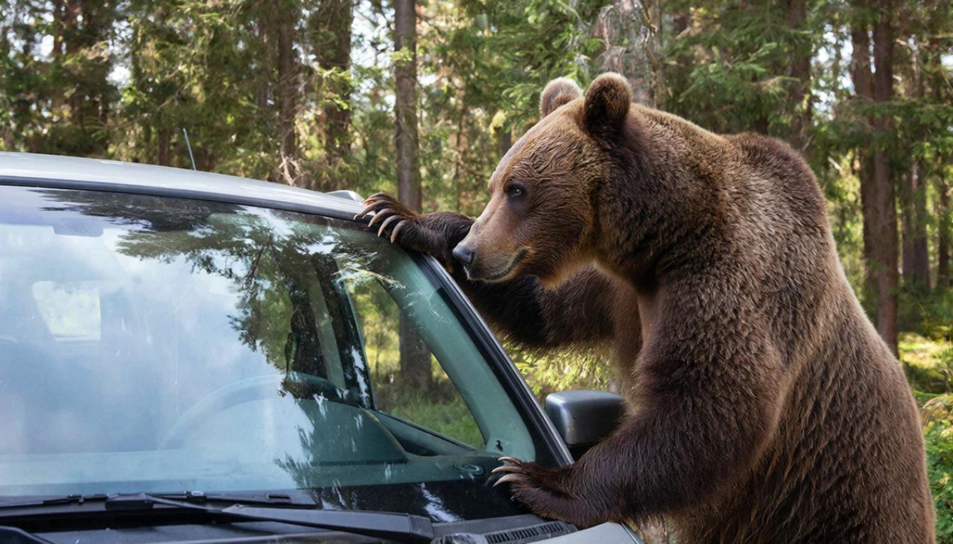 медведь нападает на машину, смешные новости