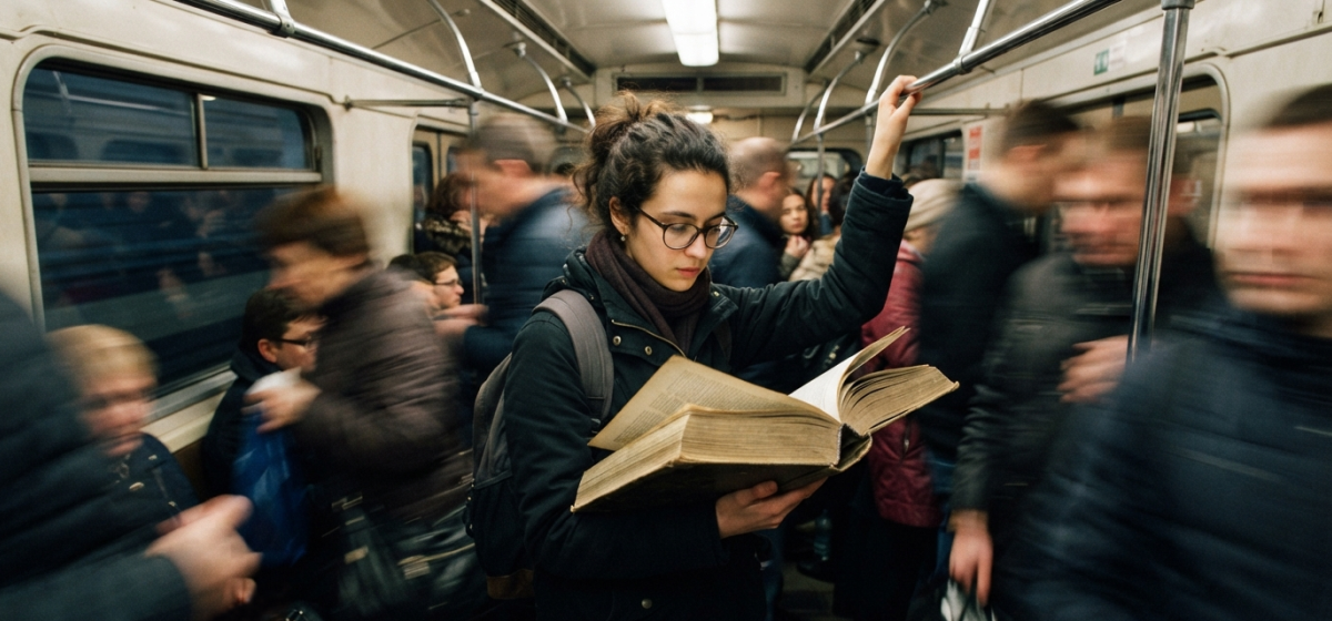 девушка читает в метро, чтение в метро, девушка с книжкой, книга в метро